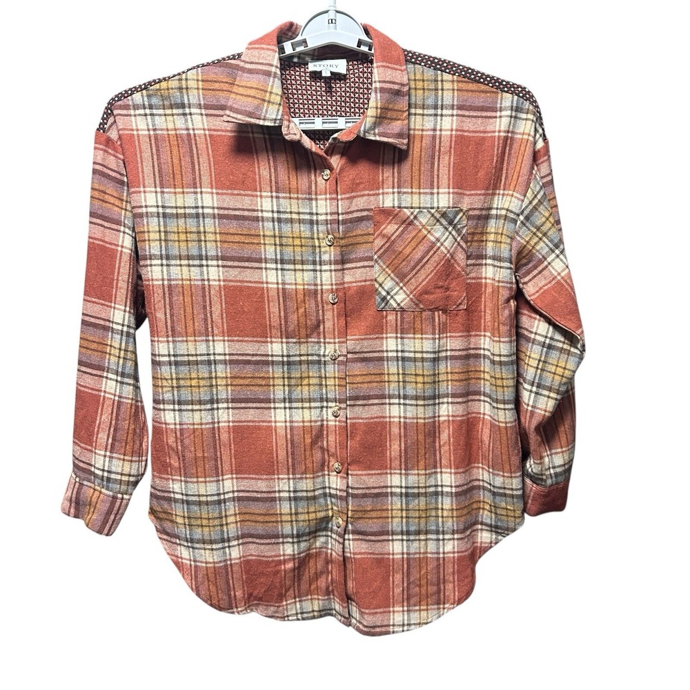 Women's‎ Flannel Plaid Long Sleeve Shirt XL 100% Cotton Story Burnt Orange Brown